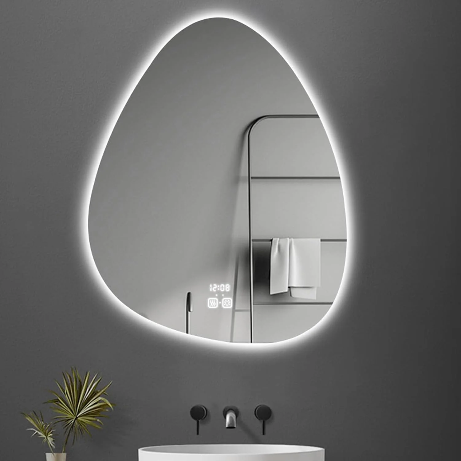 آینه حمام LED نامنظم، آینه حمام با نور پس زمینه سه رنگ و قابلیت تنظیم نور، کنترل لمسی هوشمند، ضد بخار، آینه دیواری چراغ دار برای حمام، ورودی، رختکن (نور سفید)