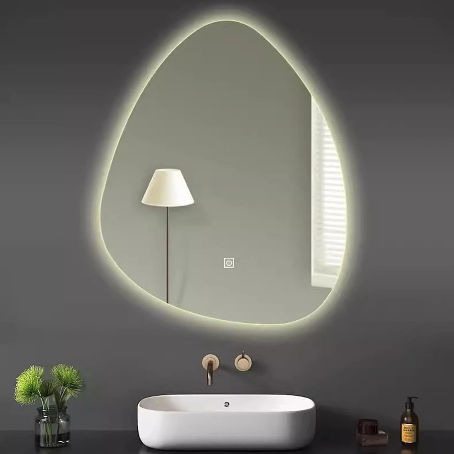 آینه حمام LED نامنظم، 50*70 سانتی متر، آینه حمام فوق العاده شفاف، تک لمسی هوشمند، ضد بخار، تنظیم دمای رنگ و کم نور شدن تدریجی، آینه روشویی دیواری LED، نوع نور پس زمینه (سه رنگ)