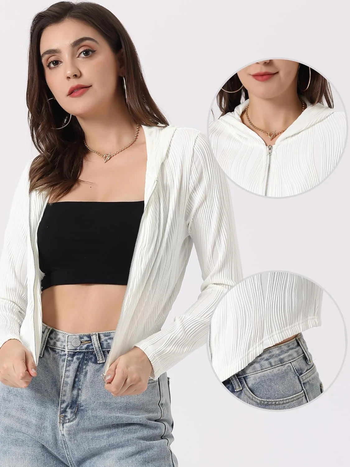 ژاکت هودی کژوال زنانه زیپ دار آستین بلند سبک وزن با بافت نامتقارن