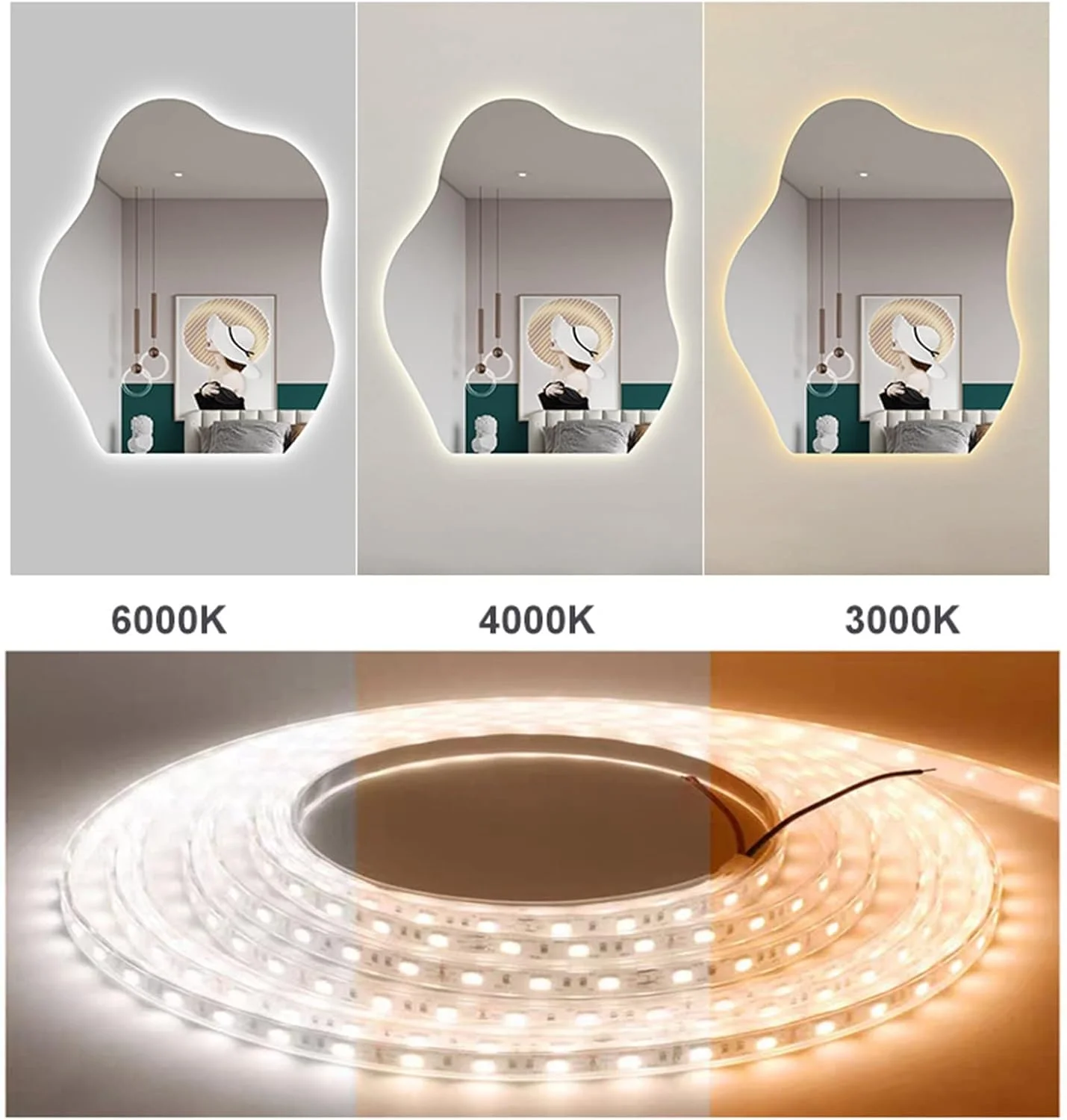 آینه حمام ابر شکل نامنظم با نور LED، آینه دیواری بدون قاب، 40x60CM، 50x70CM، 60x80CM، 70x90CM، آینه روشویی LED با نورپردازی، سه رنگ نور، تک لمسی