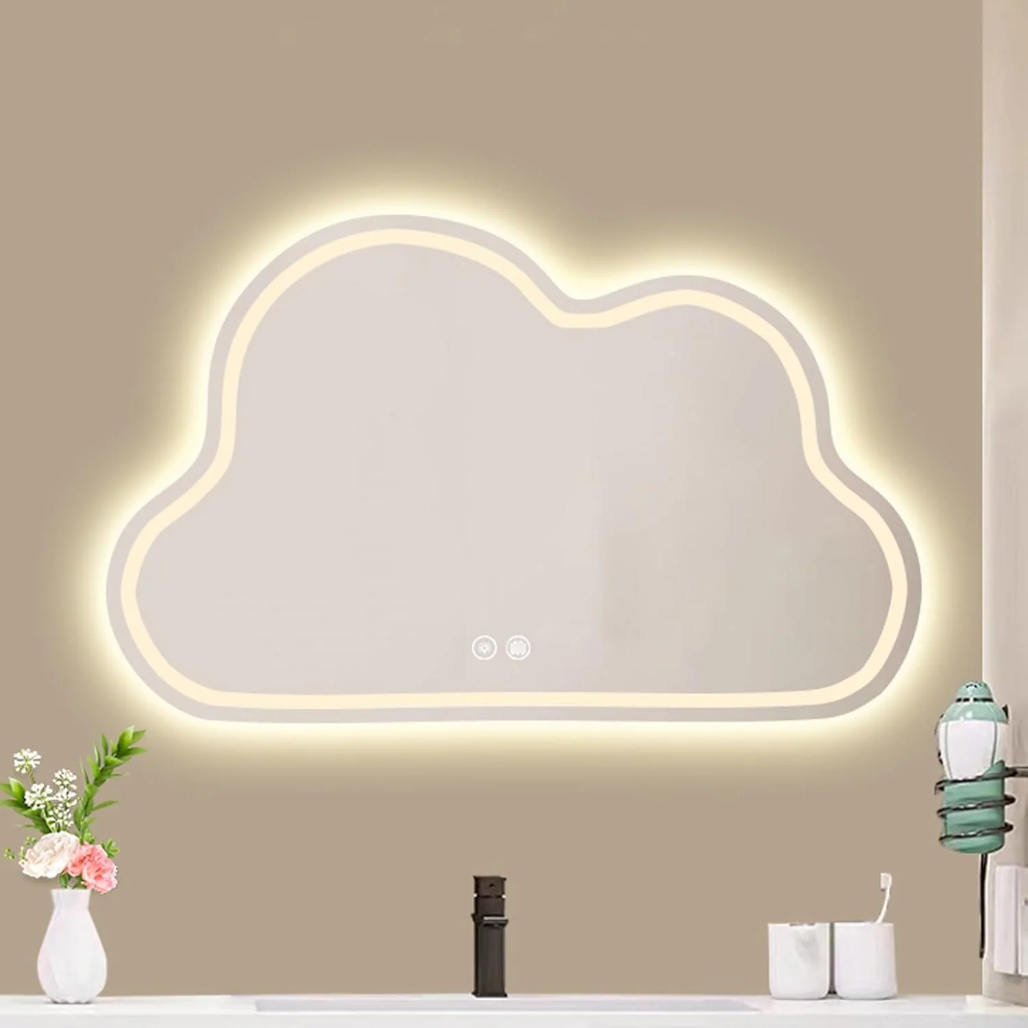 آینه حمام طرح ابر نامنظم با نور LED، آینه دیواری بدون قاب با ضد بخار، آینه تزئینی، 3 حالت نور، دکمه لمسی دوتایی (اندازه: 60 * 90 سانتی متر / 23.6 * 35.4 اینچ)