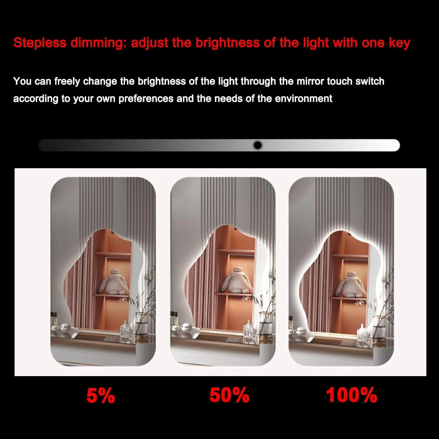 آینه حمام ابر شکل نامنظم با نور LED، آینه دیواری بدون قاب، 40x60CM، 50x70CM، 60x80CM، 70x90CM، آینه روشویی LED با نورپردازی، سه رنگ نور، تک لمسی