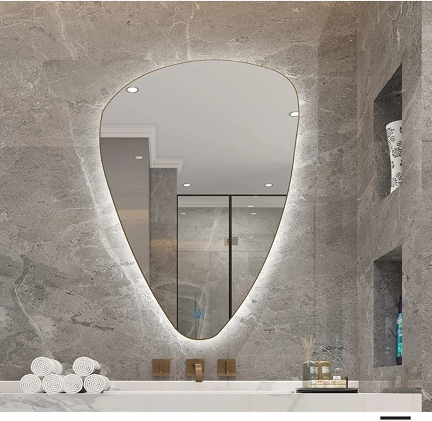 آینه حمام نامنظم با نور LED، آینه تزئینی طرح قطره اشک، آینه آرایشی با نور LED سه رنگ، دیمر دار، 2 مدل (رنگ: آویز وارونه، اندازه: 60x80 سانتی متر)