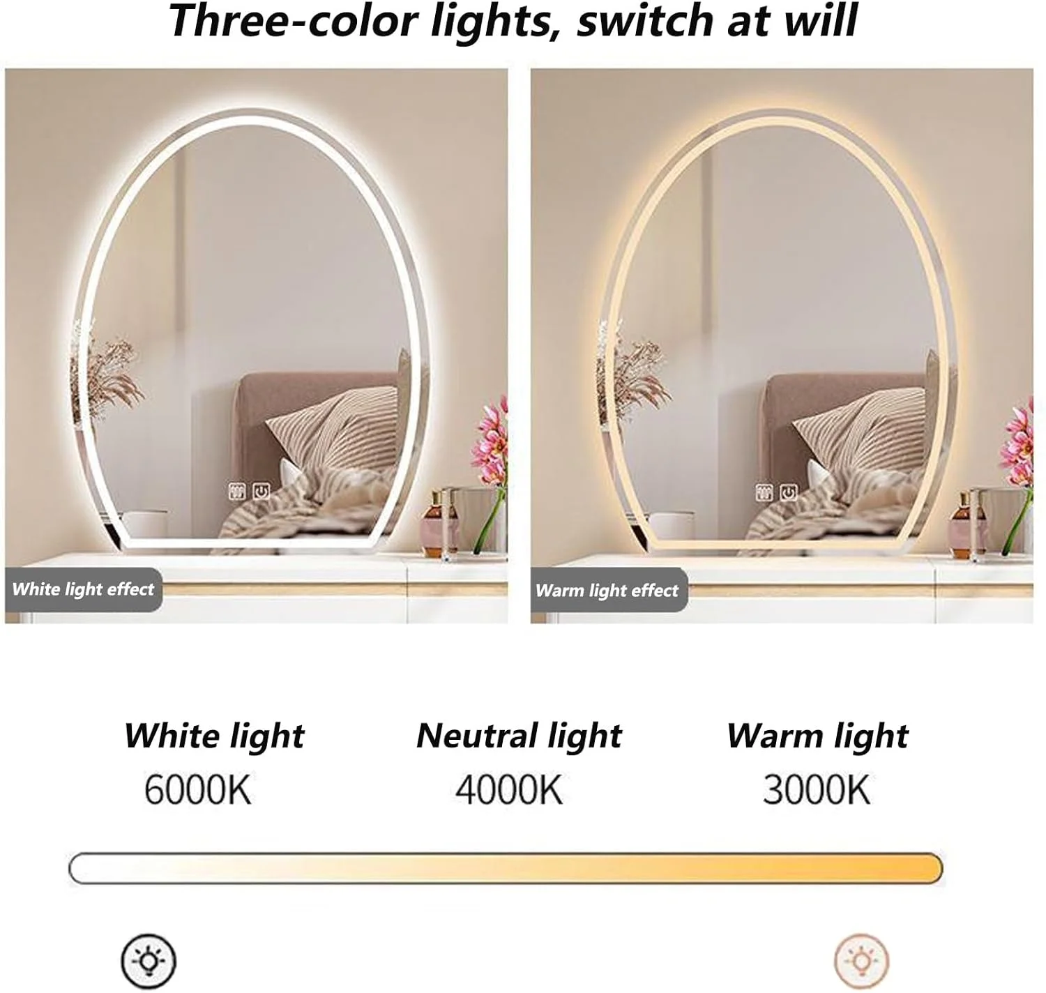 آینه نامنظم حمام، آینه دیواری با چراغ های LED، آینه روشویی حمام با ضد بخار، کنترل لمسی، 3 حالت نور، آینه تزئینی (اندازه: 50 * 60 سانتی متر / 19.7 * 23.6 اینچ)