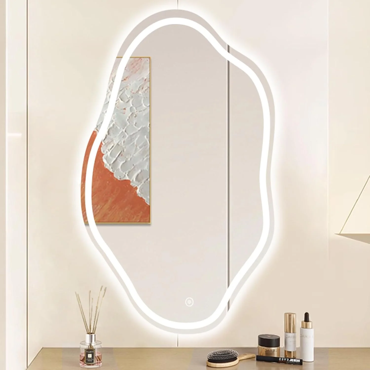 آینه ابری نامنظم LED، آینه حمام با چراغ، روشنایی قابل تنظیم، آینه دیواری، 3 رنگ نورپردازی، آینه آرایش با دکمه لمسی هوشمند، عملکرد حافظه (سایز :
