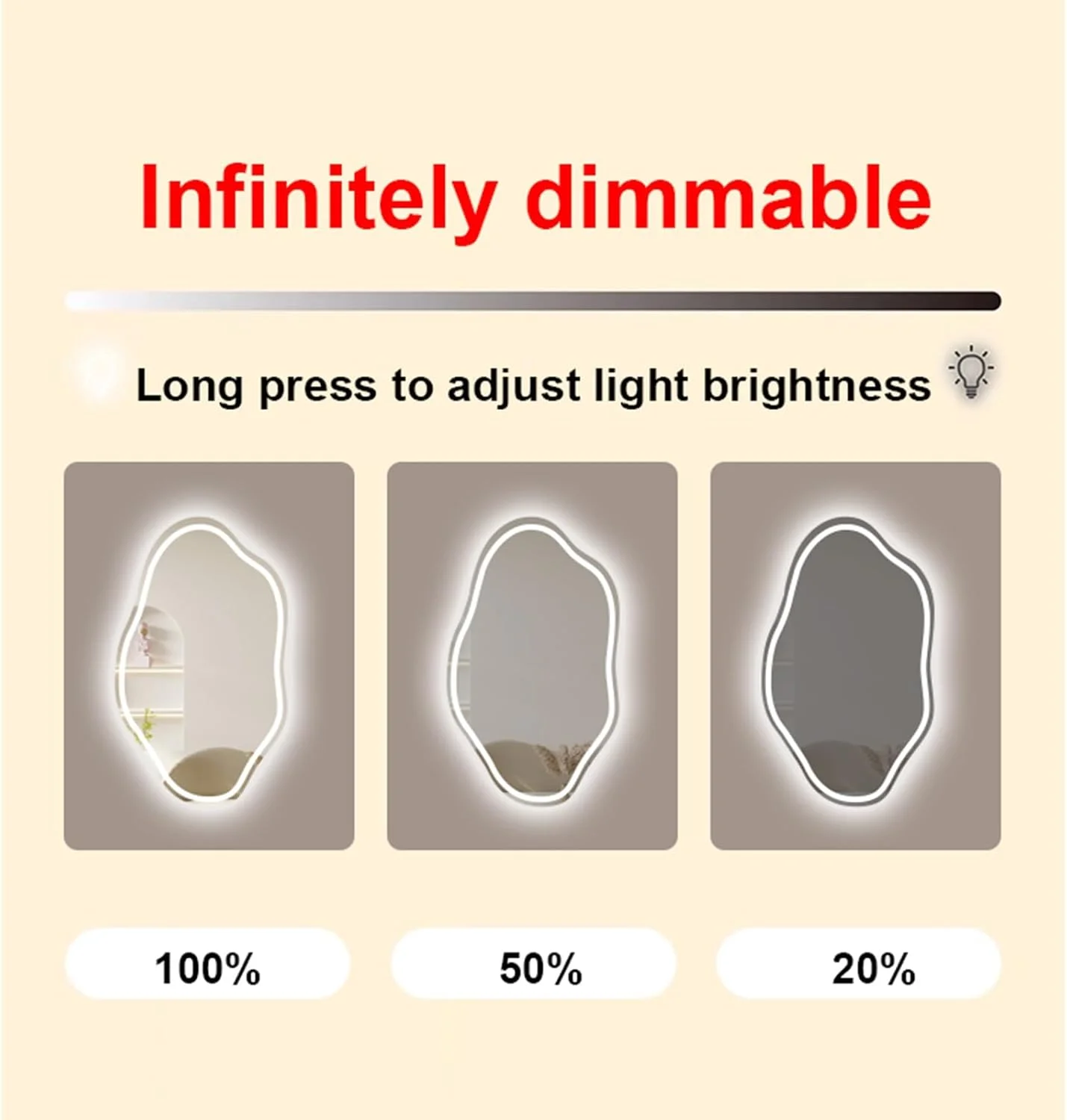 آینه ابری نامنظم LED، آینه حمام با چراغ، روشنایی قابل تنظیم، آینه دیواری، 3 رنگ نورپردازی، آینه آرایش با دکمه لمسی هوشمند، عملکرد حافظه (سایز :