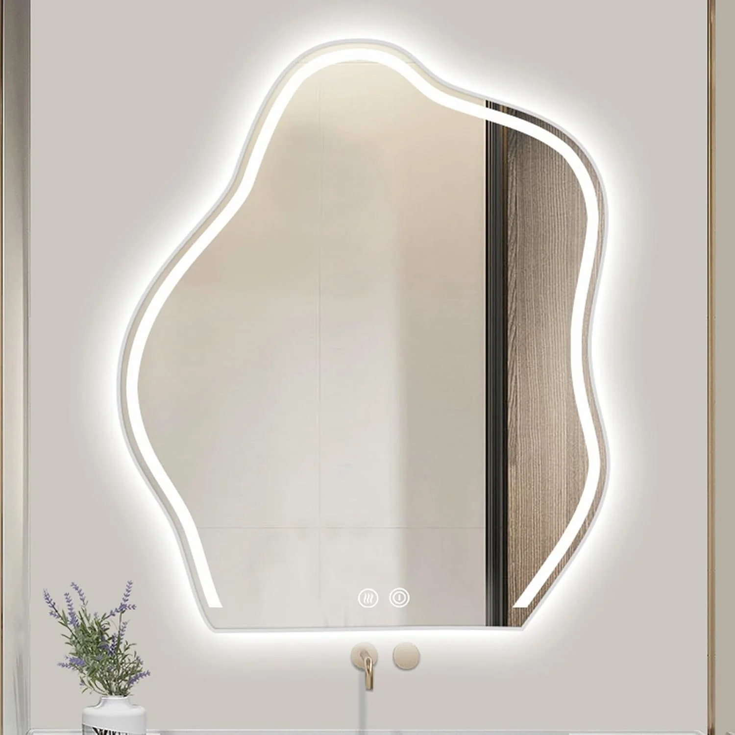 آینه حمام ابر نامنظم، آینه روشویی دیواری با چراغ های LED و ضد بخار، آینه دیواری بدون قاب، نور LED سه رنگ با قابلیت تنظیم نور، کلید لمسی (سایز: 80 * 100 سانتی متر)