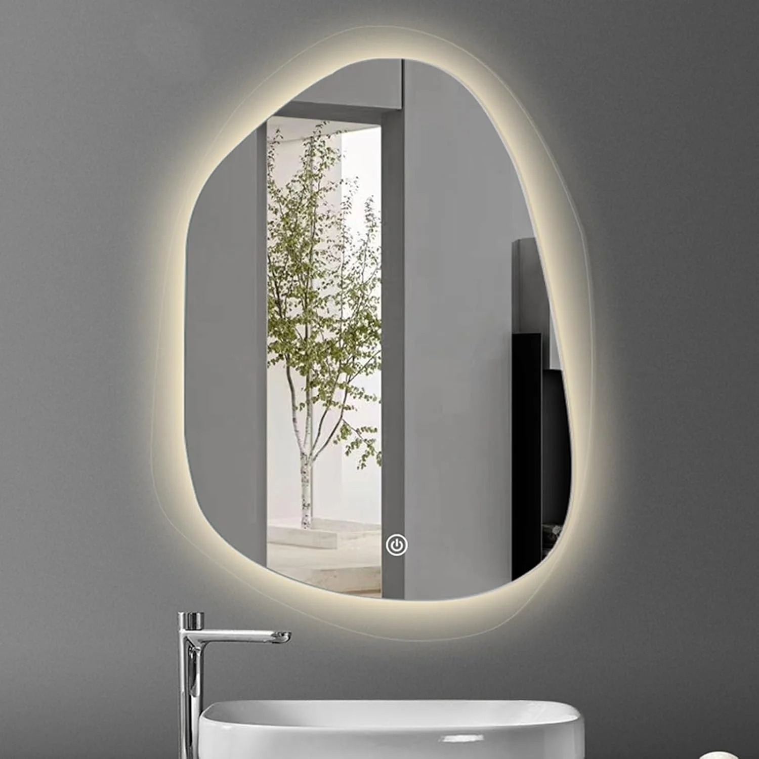 Irregular Bathroom Mirror with LED Light, Lighted Bathroom Makeup Wall Mounted Mirror with Demister Pad, 3 Colors Dimmable Lighting, Sensor Touch Switch (Color : A, Size : 50x70cm)