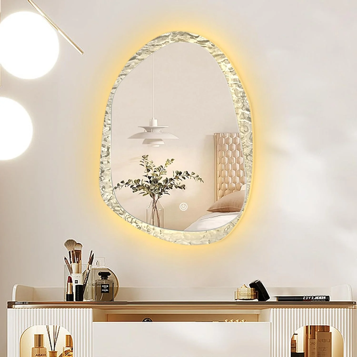Irregular Bathroom Mirror with LED Light, Lighted Bathroom Makeup Wall Mounted Mirror with Demister Pad, 3 Colors Dimmable Lighting, Sensor Touch Switch (Color : A, Size : 50x70cm)