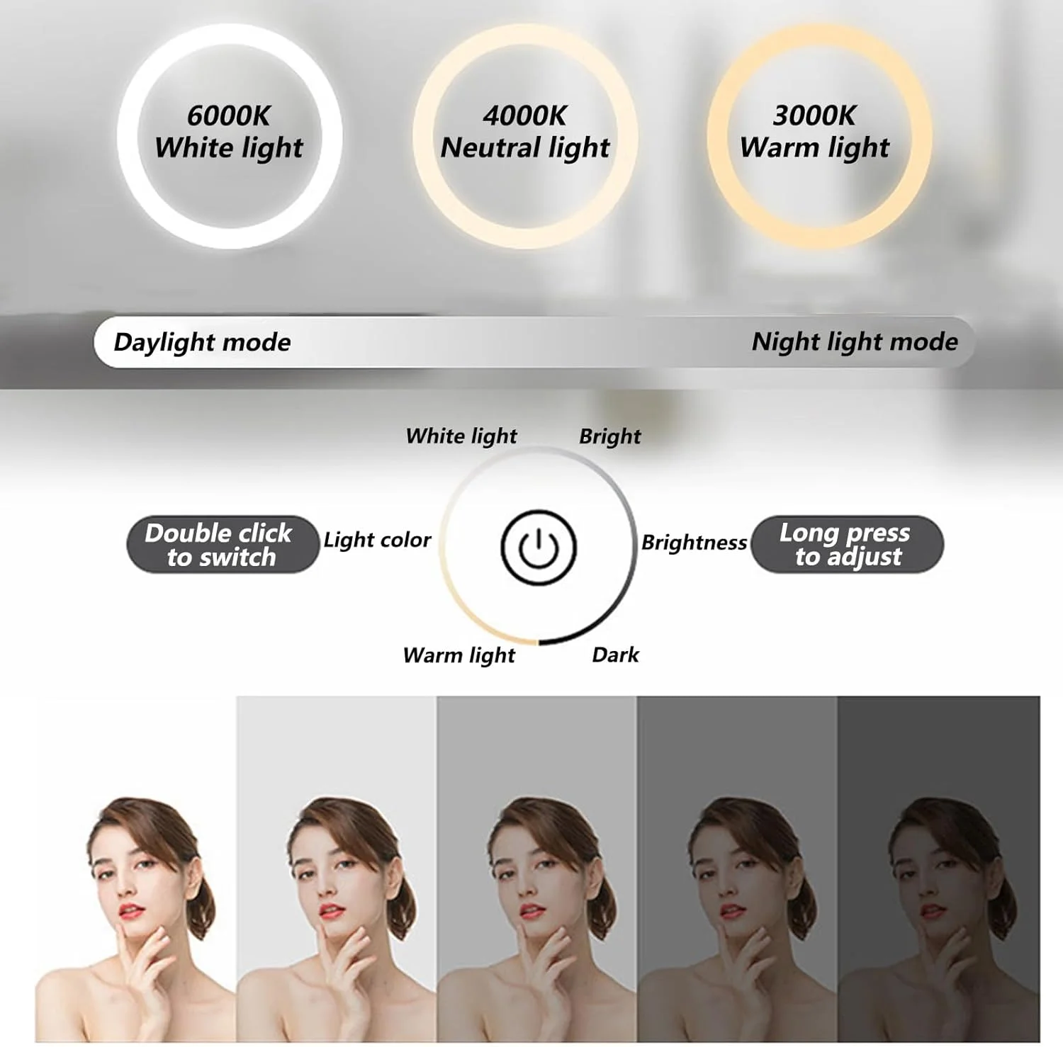 آینه حمام ابر نامنظم، آینه روشویی دیواری با چراغ های LED و ضد بخار، آینه دیواری بدون قاب، نور LED سه رنگ قابل تنظیم، کلید لمسی (اندازه: 60 * 80 سانتی متر / 23.6 * 31.5 اینچ)