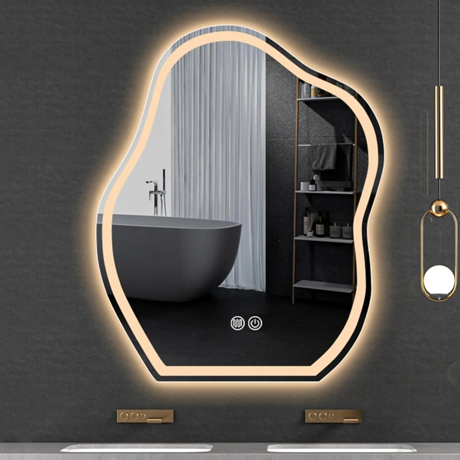 آینه های نوری با شکل ابر نامنظم، آینه حمام LED با ضد بخار، آینه آرایشی دیواری با دکمه لمسی و نور قابل تنظیم سفید گرم/طبیعی آینه های نوری با شکل ابر نامنظم، آینه حمام LED با ضد بخار، آینه آرایشی دیواری با دکمه لمسی و نور قابل تنظیم سفید گرم/طبیعی