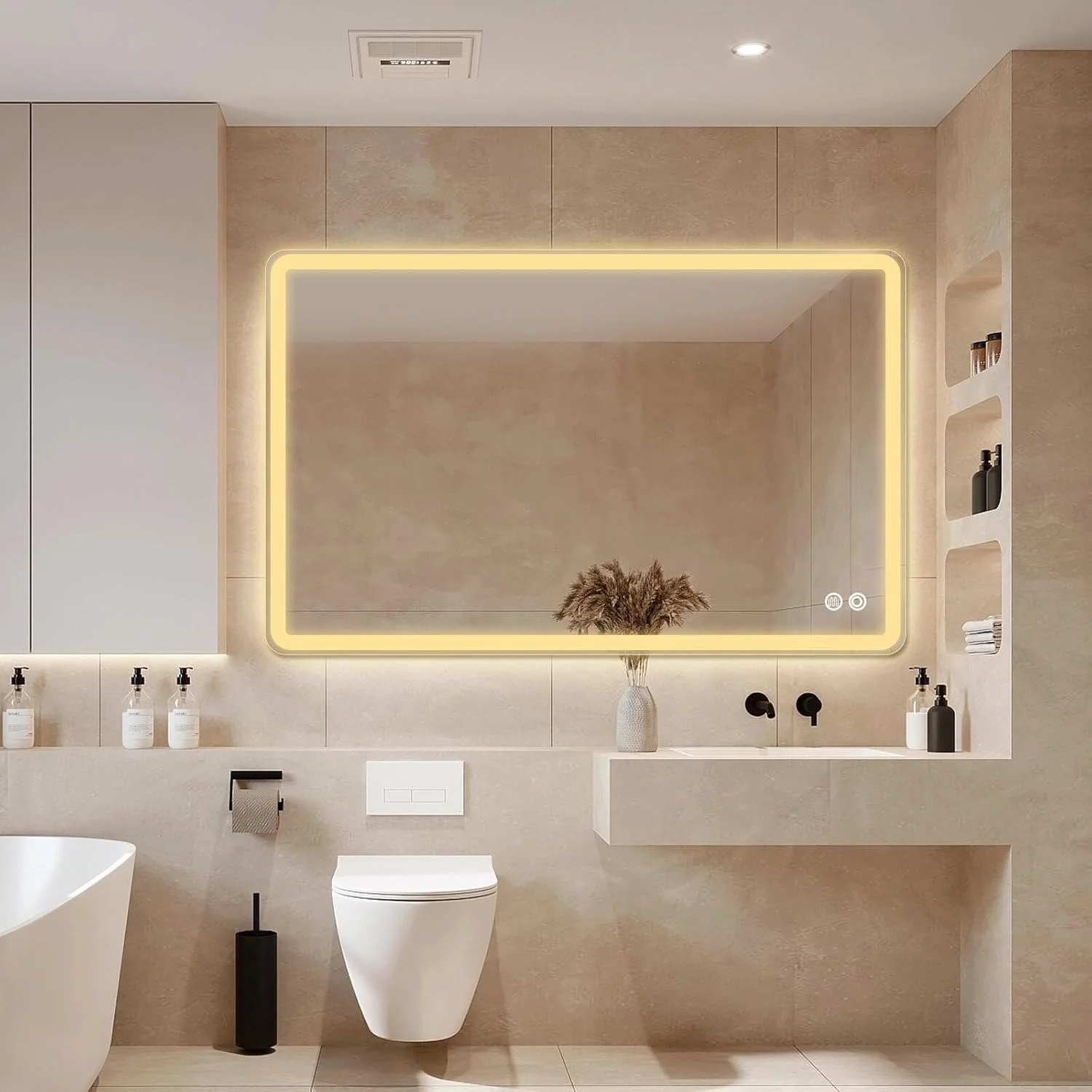 Irovami Square Intelnt Bathroom Mirror with LED Lights Wall-mounted -fog Mirror Light Touch Switch Color Temperature Adjustable Stepless Dimming IP44 Waterproof