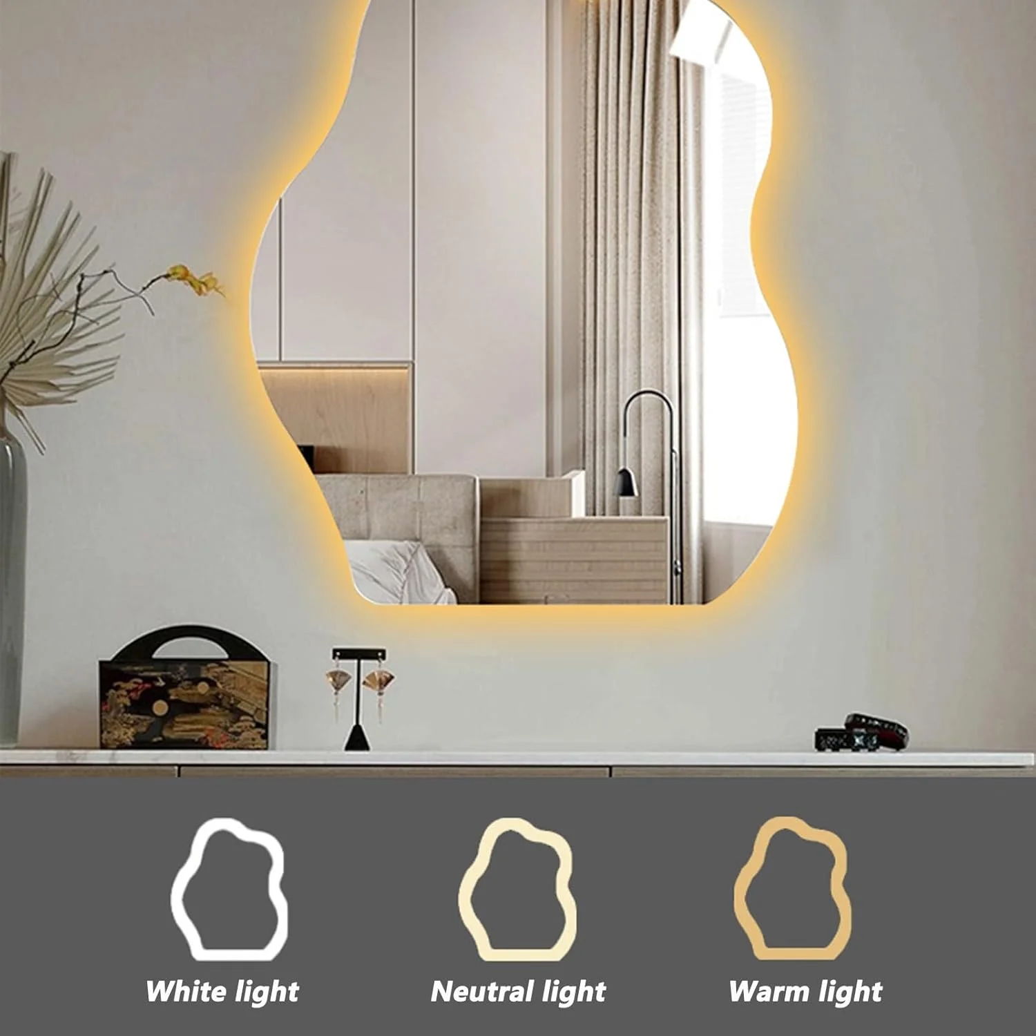 آینه حمام ابر شکل نامنظم با نور LED، آینه دیواری روشن ضد مه، نورپردازی کم نور 3 رنگ، آینه تزئینی نامتقارن شیک (اندازه: 50x70 سانتی متر) آینه حمام ابر شکل نامنظم با نور LED، آینه دیواری روشن ضد مه، نورپردازی کم نور 3 رنگ، آینه تزئینی نامتقارن شیک (اندازه: 50x70 سانتی متر)