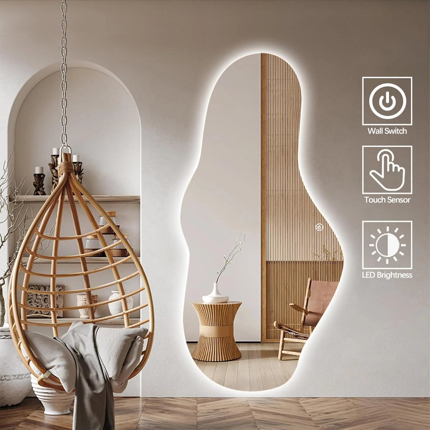 آینه حمام ال ای دی نامنظم VPARTY، آینه نامتقارن با چراغ، 70x170 سانتی متر بدون قاب، آینه موجی نور پس زمینه برای اتاق خواب و نشیمن