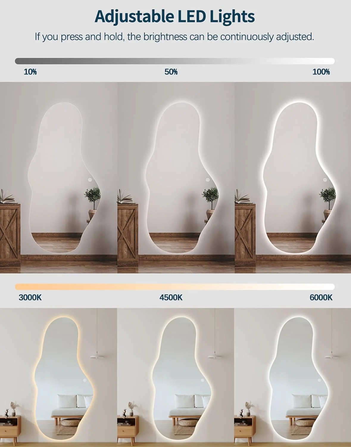 آینه حمام ال ای دی نامنظم VPARTY، آینه نامتقارن با چراغ، 70x170 سانتی متر بدون قاب، آینه موجی نور پس زمینه برای اتاق خواب و نشیمن