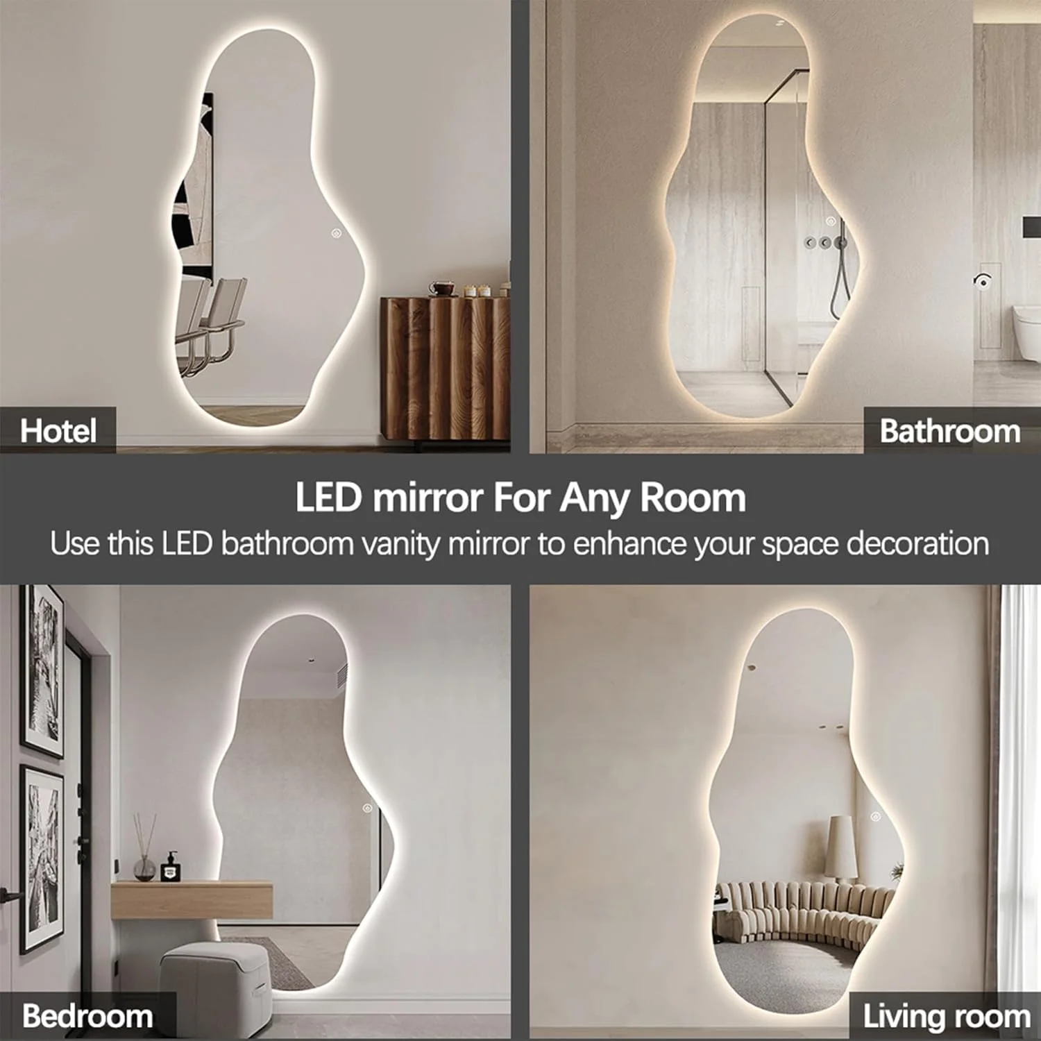 آینه حمام ال ای دی نامنظم VPARTY، آینه نامتقارن با چراغ، 70x170 سانتی متر بدون قاب، آینه موجی نور پس زمینه برای اتاق خواب و نشیمن