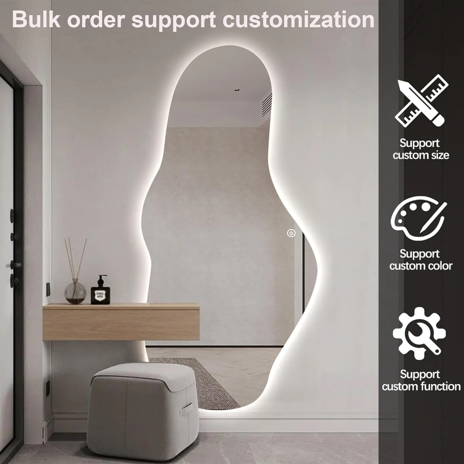آینه حمام ال ای دی نامنظم VPARTY، آینه نامتقارن با چراغ، 70x170 سانتی متر بدون قاب، آینه موجی نور پس زمینه برای اتاق خواب و نشیمن
