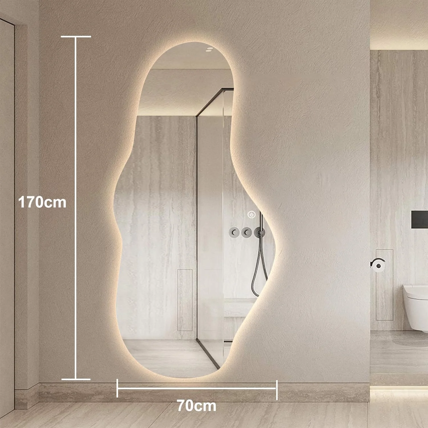 آینه حمام ال ای دی نامنظم VPARTY، آینه نامتقارن با چراغ، 70x170 سانتی متر بدون قاب، آینه موجی نور پس زمینه برای اتاق خواب و نشیمن
