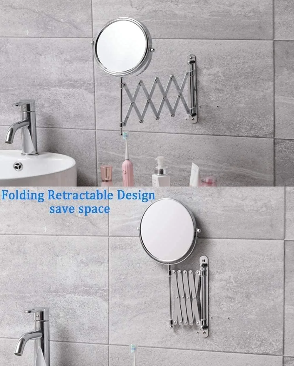 آینه آرایشی دیواری INWWUH با بزرگنمایی 7 برابر، آینه دو طرفه برای آرایش و اصلاح صورت، قابل نصب روی میز، با قابلیت افزایش طول و روکش کروم مناسب برای منزل، اسپا و هتل، آینه ضد بخار (7x, 7i)