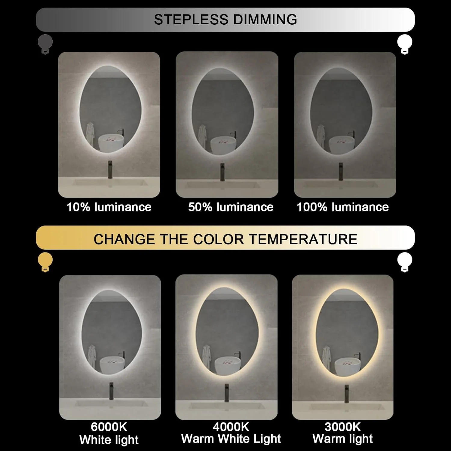 آینه حمام LED نامنظم، آینه دیواری ضد بخار حمام، نور قابل تنظیم، آینه هوشمند حمام با کلید لمسی، ایمن و ضد انفجار، مناسب برای حمام، دکوراسیون منزل (سه رنگ)