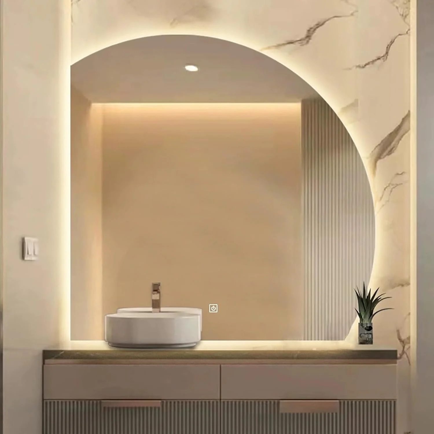 آینه LED نورانی با قابلیت تنظیم نور بی نهایت، آینه حمام نیم دایره بدون قاب، آینه دیواری ضد انفجار با روشنایی قابل تنظیم، مناسب برای حمام، اتاق نشیمن (رنگ: آینه LED نورانی با قابلیت تنظیم نور بی نهایت، آینه حمام نیم دایره بدون قاب، آینه دیواری ضد انفجار با روشنایی قابل تنظیم، مناسب برای حمام، اتاق نشیمن (رنگ: