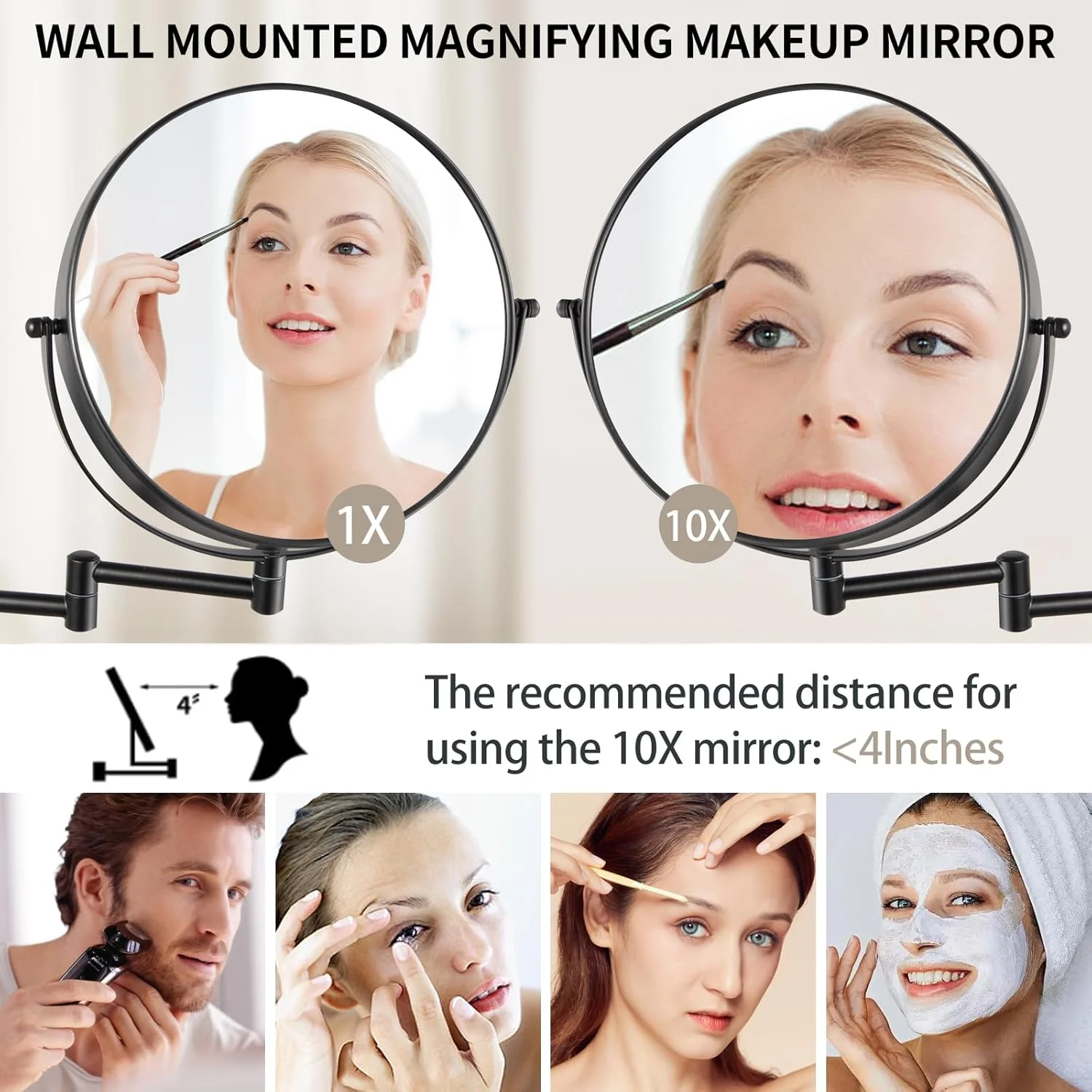 آینه آرایشی دیواری 9 اینچی - آینه دو طرفه بزرگنمایی 1X/10X برای حمام، آینه حمام چرخشی 360 درجه قابل گسترش برای اصلاح