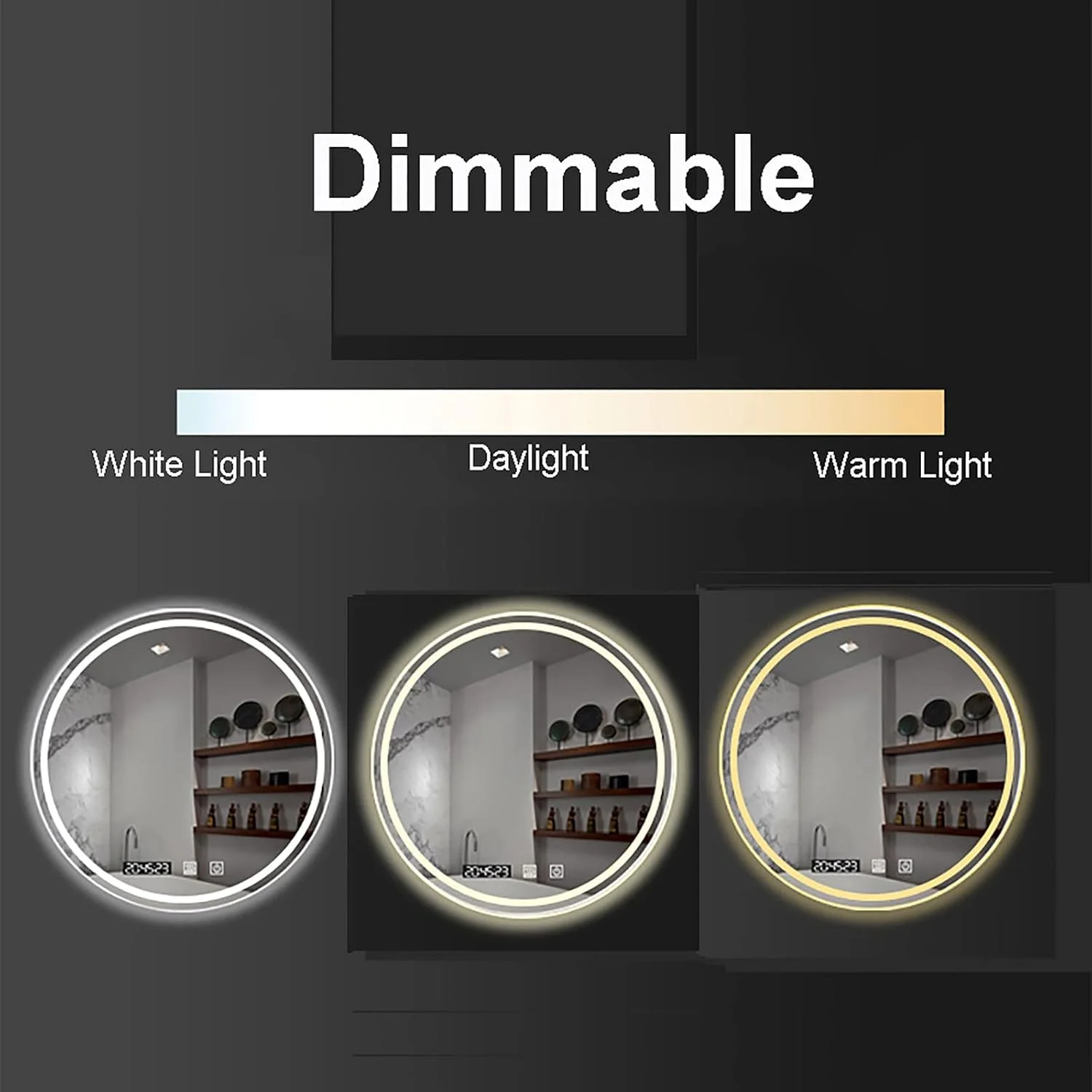 آینه حمام IlluminatLED گرد ضد آب با نور پس زمینه LED، مناسب آرایش، دارای کنترل لمسی هوشمند و پد ضد بخار - قطر: 600mm، 700mm، 800mm