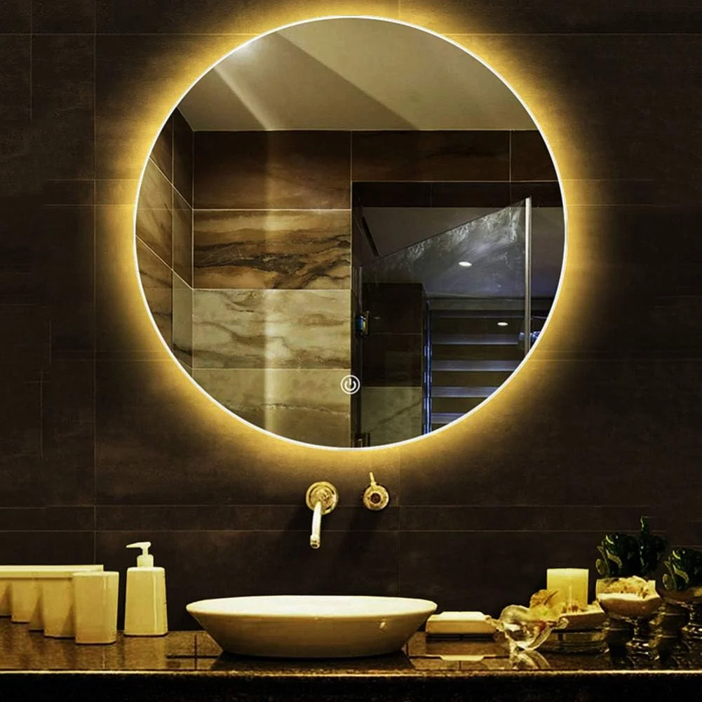 آینه حمام با نور LED، آینه آرایشی گرد بدون قاب دیواری، آینه تزئینی با نور پس زمینه لمسی هوشمند، آینه نقره ای 5 میلی متری / B / 50 سانتی متر / 19.7 اینچ