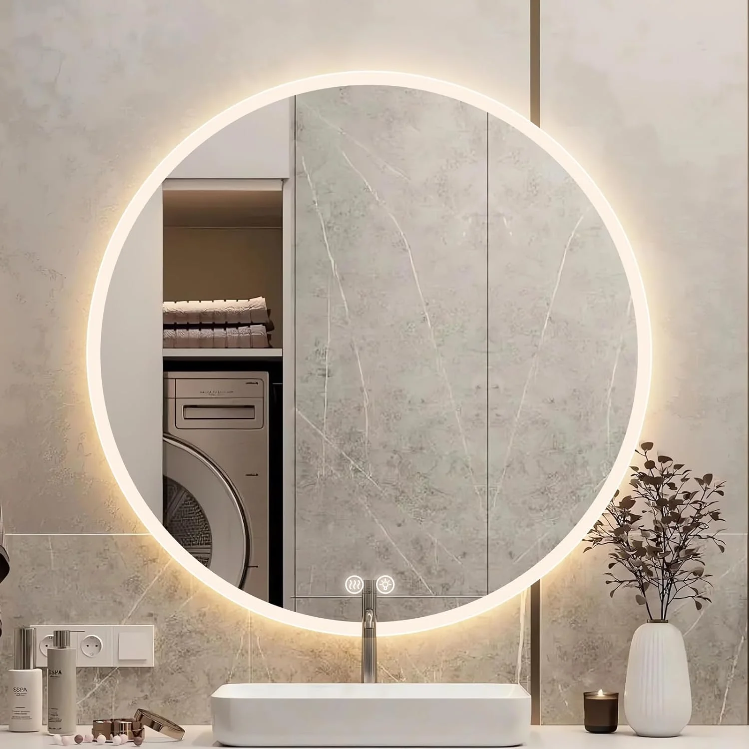 آینه گرد ال ای دی 600 میلی متری (24 اینچی) برای حمام با نور جلو و نور پس زمینه، آینه دیواری ضد مه قابل تنظیم با چراغ های ال ای دی، ضد آب، آینه آرایشی تزئینی آینه گرد ال ای دی 600 میلی متری (24 اینچی) برای حمام با نور جلو و نور پس زمینه، آینه دیواری ضد مه قابل تنظیم با چراغ های ال ای دی، ضد آب، آینه آرایشی تزئینی