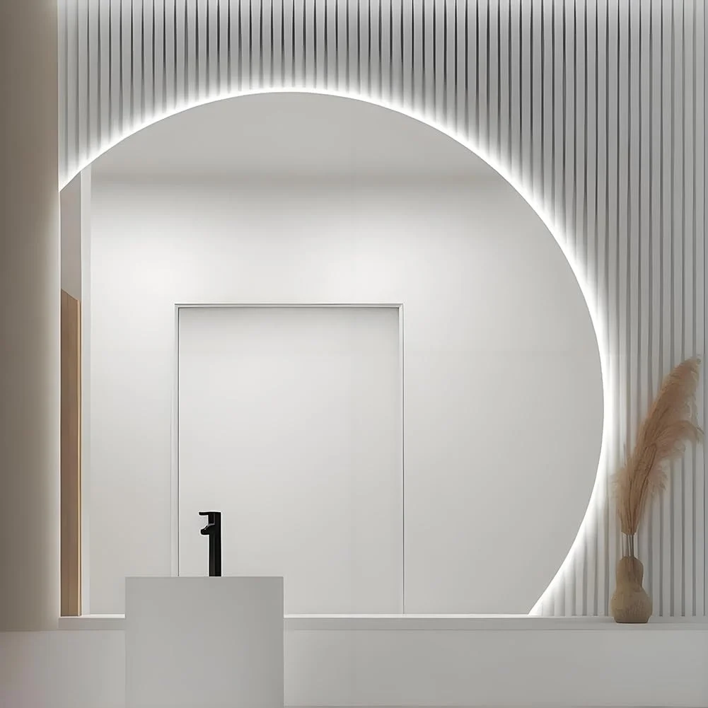 آینه آرایشی هوشمند LED با نور 3 رنگ - آینه حمام نیم دایره بزرگ با ضد بخار و کلید لمسی - آینه دیواری بدون قاب (برش زیر سمت چپ 43.3 اینچ)