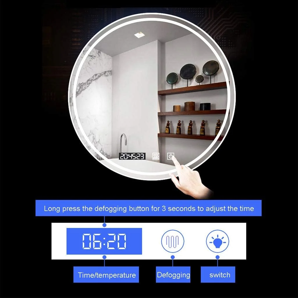 آینه حمام IlluminatLED گرد ضد آب با نور پس زمینه LED، مناسب آرایش، دارای کنترل لمسی هوشمند و پد ضد بخار - قطر: 600mm، 700mm، 800mm