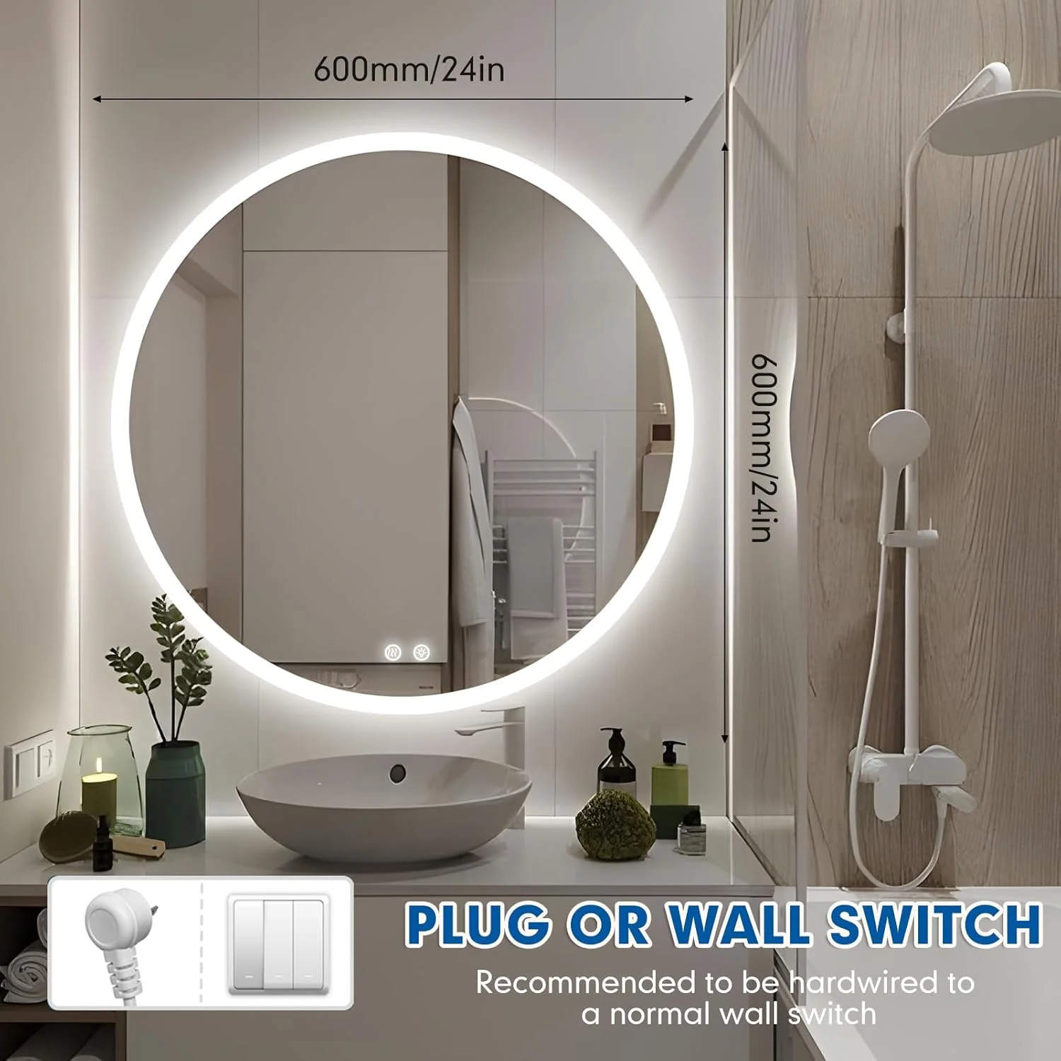 آینه گرد ال ای دی 600 میلی متری (24 اینچی) برای حمام با نور جلو و نور پس زمینه، آینه دیواری ضد مه قابل تنظیم با چراغ های ال ای دی، ضد آب، آینه آرایشی تزئینی
