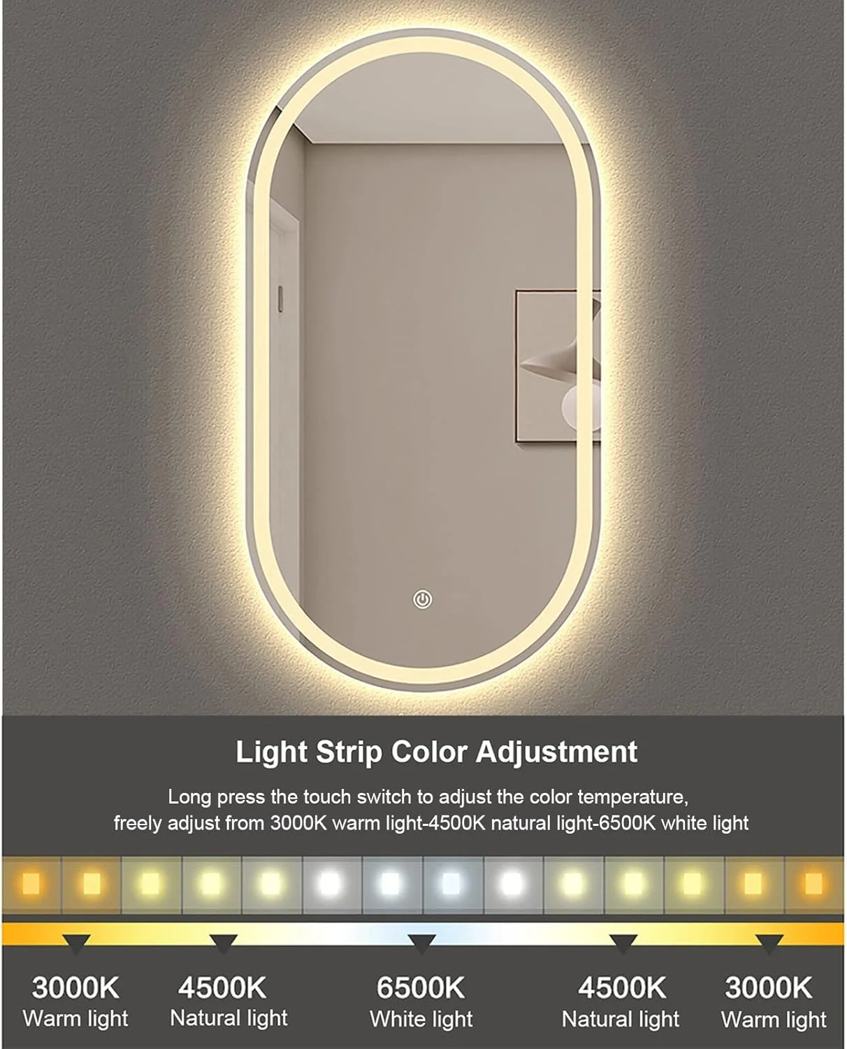 آینه آرایشی با نور پس زمینه LED IlluminatLED با کنترل لمسی حسگر، 3 رنگ نور گرم/طبیعی/سفید، آینه آرایشی ضد مه LED با چراغ