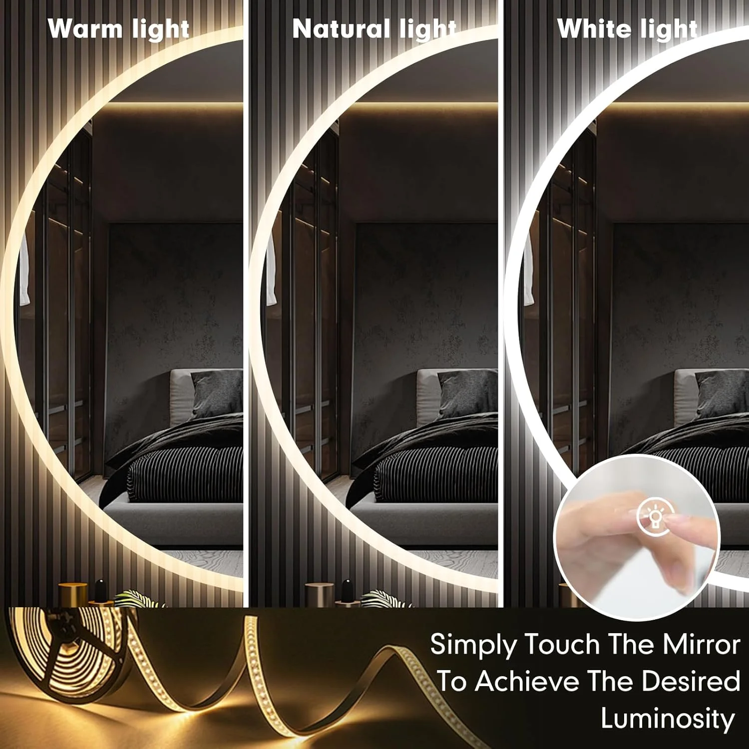 آینه گرد ال ای دی 600 میلی متری (24 اینچی) برای حمام با نور جلو و نور پس زمینه، آینه دیواری ضد مه قابل تنظیم با چراغ های ال ای دی، ضد آب، آینه آرایشی تزئینی