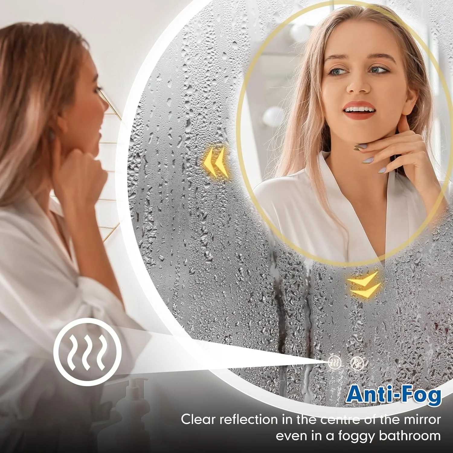 آینه گرد ال ای دی 600 میلی متری (24 اینچی) برای حمام با نور جلو و نور پس زمینه، آینه دیواری ضد مه قابل تنظیم با چراغ های ال ای دی، ضد آب، آینه آرایشی تزئینی