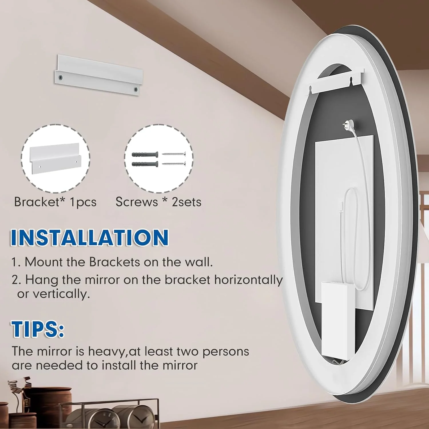 آینه گرد ال ای دی 600 میلی متری (24 اینچی) برای حمام با نور جلو و نور پس زمینه، آینه دیواری ضد مه قابل تنظیم با چراغ های ال ای دی، ضد آب، آینه آرایشی تزئینی