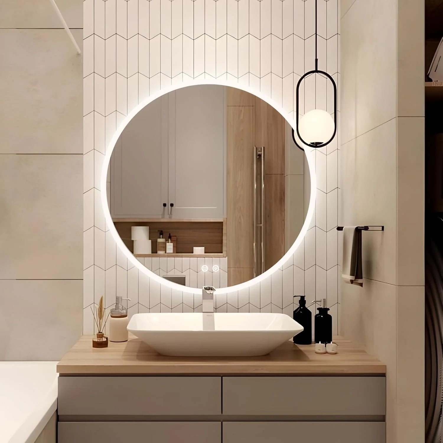 آینه گرد ال ای دی 600 میلی متری (24 اینچی) برای حمام با نور جلو و نور پس زمینه، آینه دیواری ضد مه قابل تنظیم با چراغ های ال ای دی، ضد آب، آینه آرایشی تزئینی