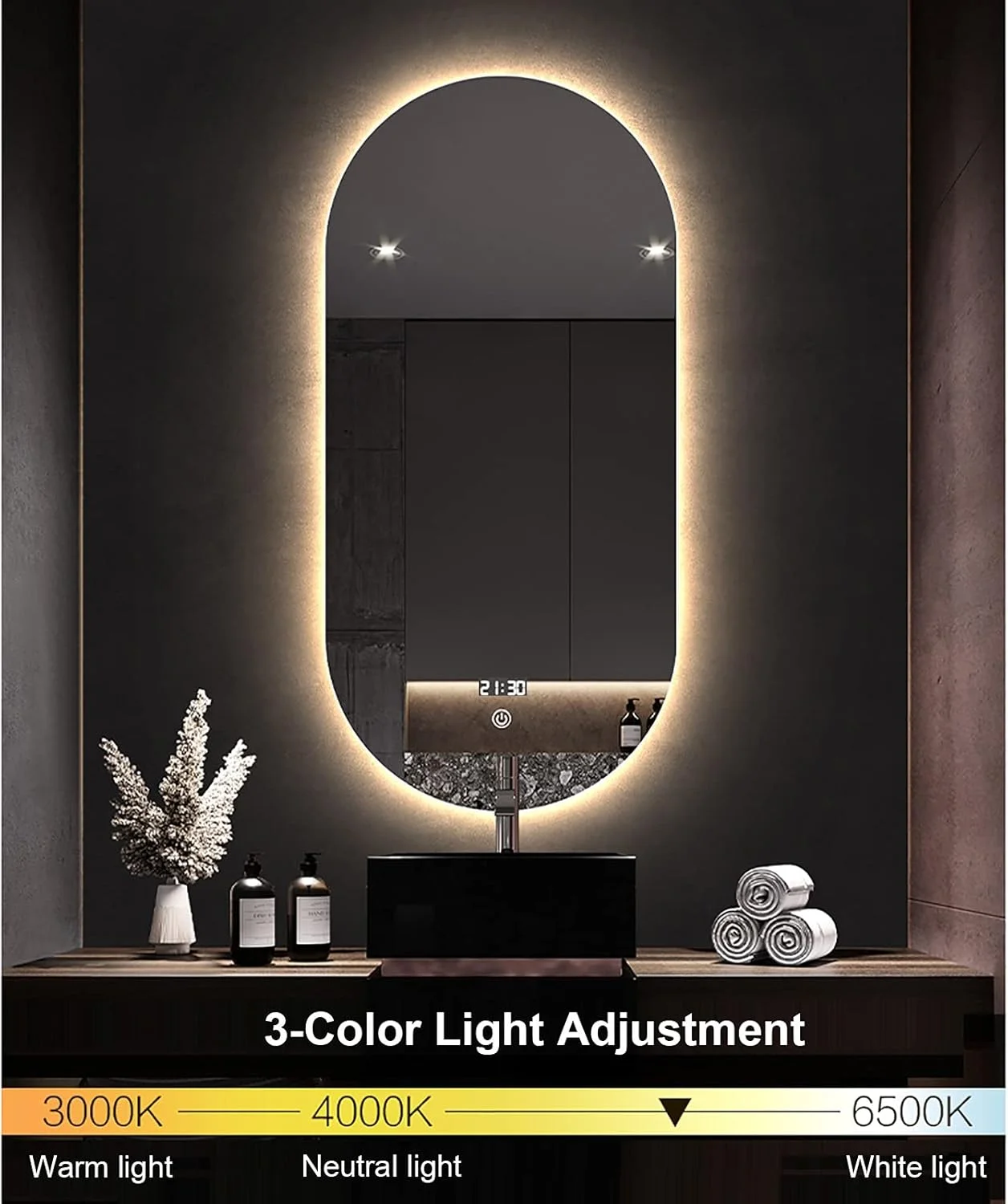 آینه حمام LED با نور پس زمینه IlluminatLED، ابعاد 500 در 800 میلی متر، آینه روشویی چند منظوره LED دیواری با چراغ و پد ضد بخار، تغییر 3 رنگ سفید/خنثی/گرم