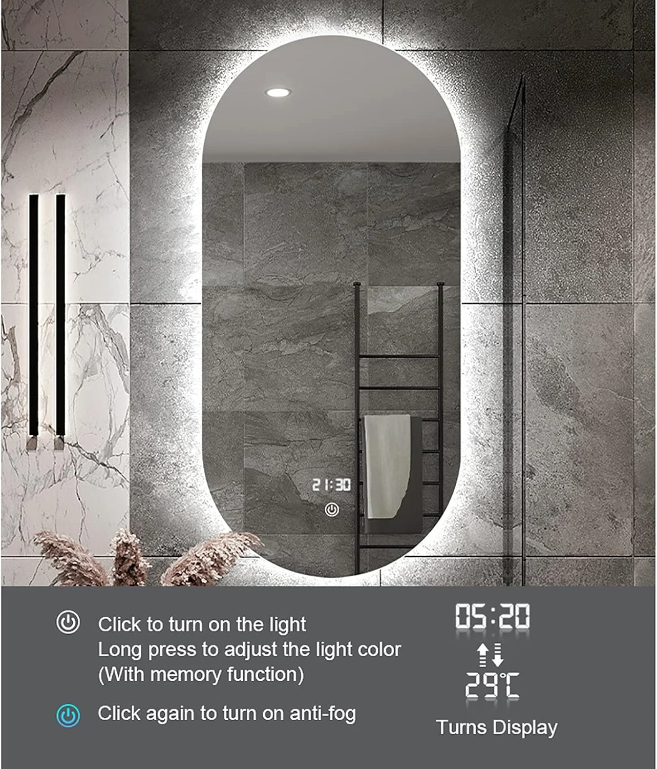 آینه حمام LED با نور پس زمینه IlluminatLED، ابعاد 500 در 800 میلی متر، آینه روشویی چند منظوره LED دیواری با چراغ و پد ضد بخار، تغییر 3 رنگ سفید/خنثی/گرم