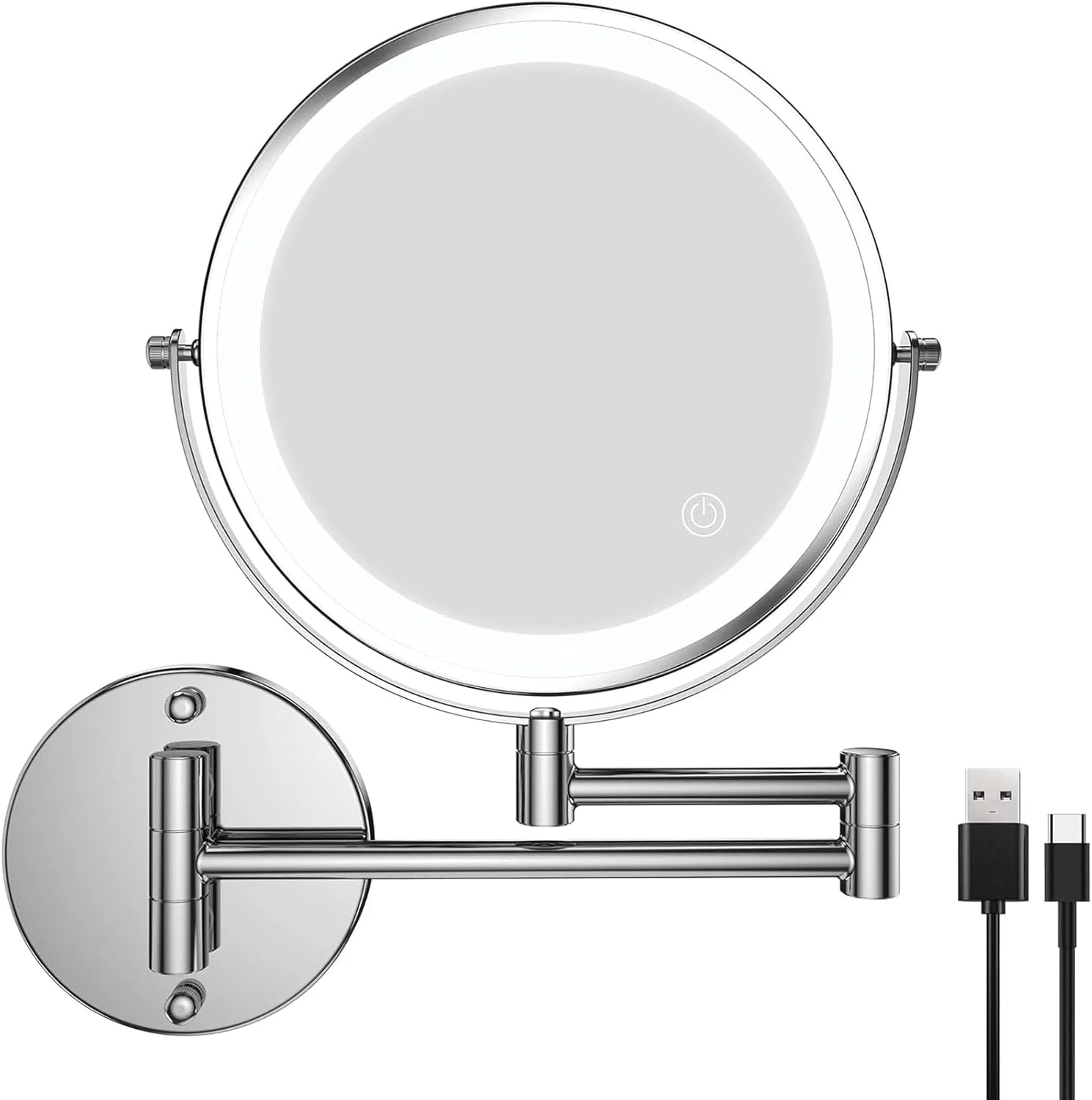 آینه آرایشی دیواری 8 اینچی با نور پس زمینه، آینه بزرگنمایی شارژی 1x/3x، با نورپردازی 3 رنگ / نورپردازی قابل تنظیم صفحه لمسی، آینه دو طرفه چرخان و کششی 360 درجه آینه آرایشی دیواری 8 اینچی با نور پس زمینه، آینه بزرگنمایی شارژی 1x/3x، با نورپردازی 3 رنگ / نورپردازی قابل تنظیم صفحه لمسی، آینه دو طرفه چرخان و کششی 360 درجه