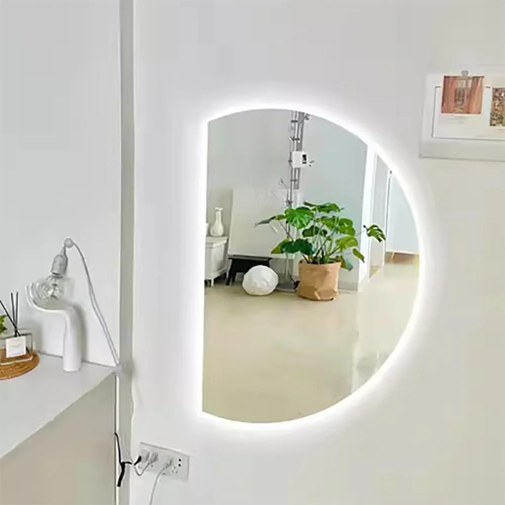 آینه آرایش LED با نور پس زمینه برای نصب روی دیوار، آینه حمام هوشمند نیم دایره، آینه دکوراسیون تمام قد، 3 رنگ، ضد بخار (برش چپ 77 * 110 سانتی متر)
