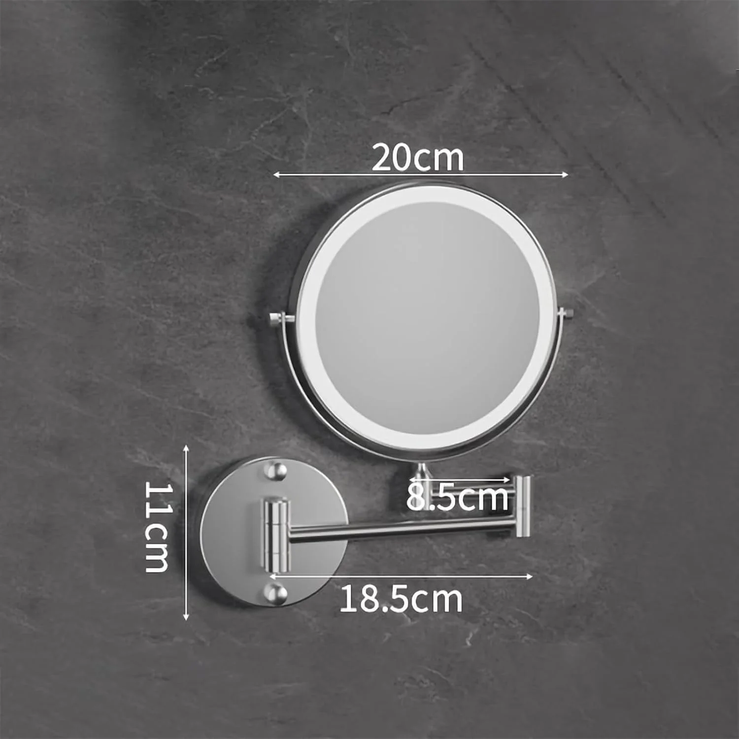 آینه آرایشی دیواری 8 اینچی با نور پس زمینه، آینه بزرگنمایی شارژی 1x/3x، با نورپردازی 3 رنگ / نورپردازی قابل تنظیم صفحه لمسی، آینه دو طرفه چرخان و کششی 360 درجه