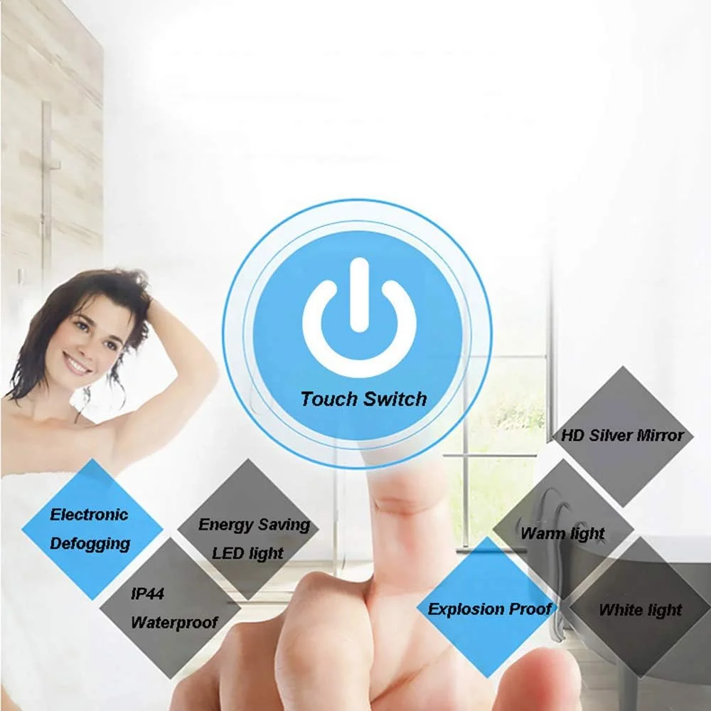 آینه گرد دیواری LED دار برای حمام، آینه آرایشی، ضد بخار هوشمند/دکمه لمسی، نور گرم - 785 میلی متر