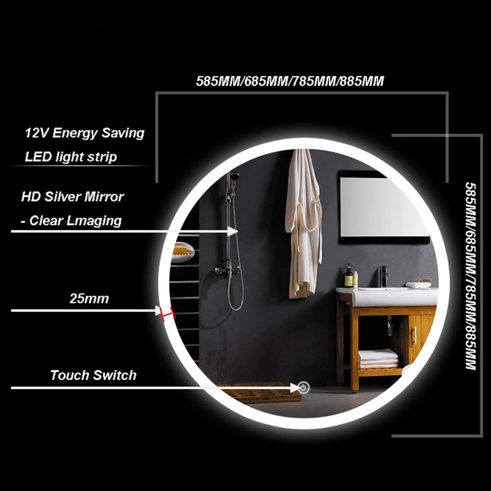 آینه گرد دیواری LED دار برای حمام، آینه آرایشی، ضد بخار هوشمند/دکمه لمسی، نور گرم - 785 میلی متر