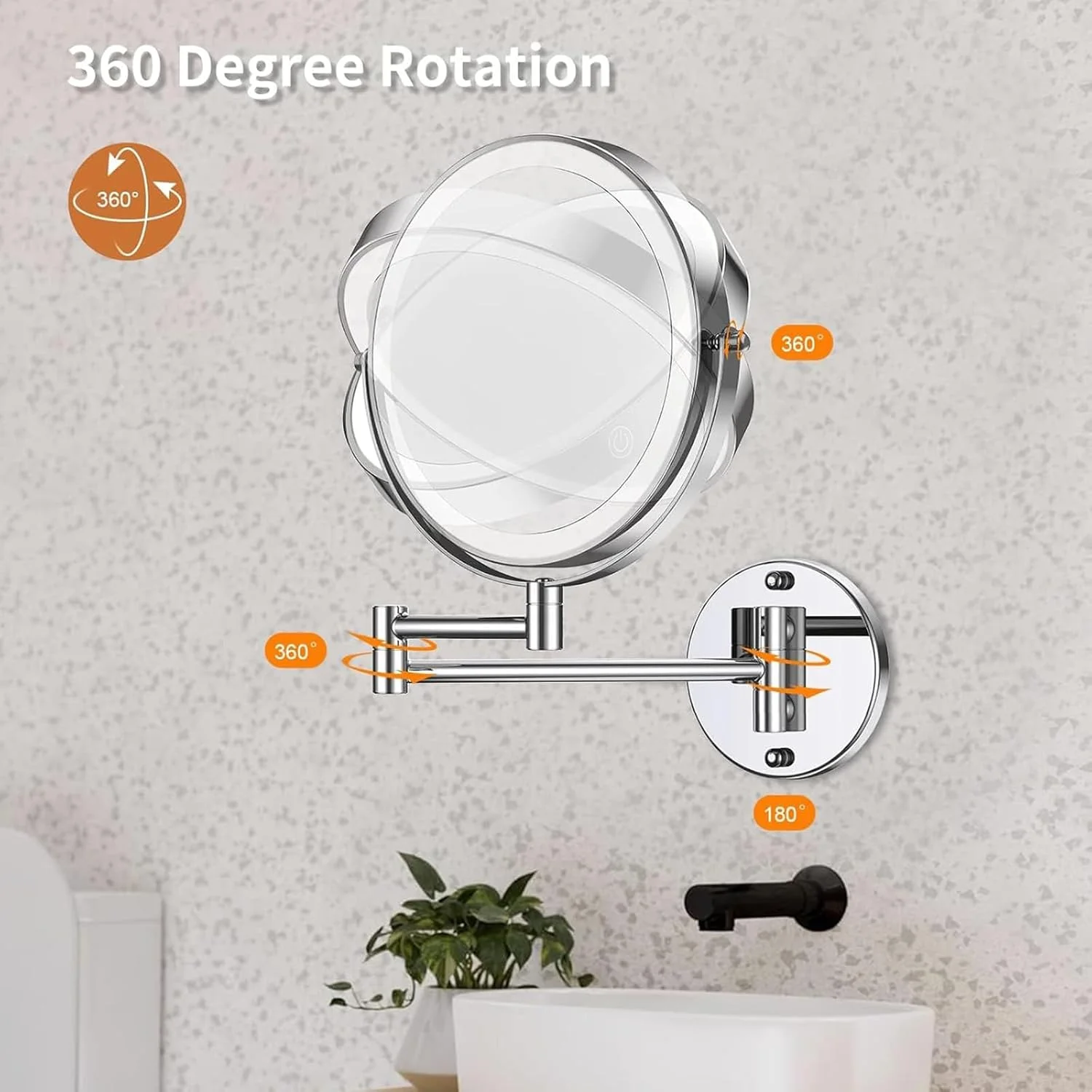 آینه آرایشی دیواری 8 اینچی با نور پس زمینه، آینه بزرگنمایی شارژی 1x/3x، با نورپردازی 3 رنگ / نورپردازی قابل تنظیم صفحه لمسی، آینه دو طرفه چرخان و کششی 360 درجه