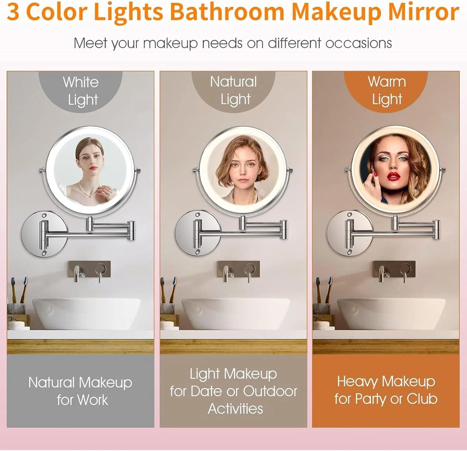آینه آرایشی دیواری 8 اینچی با نور پس زمینه، آینه بزرگنمایی شارژی 1x/3x، با نورپردازی 3 رنگ / نورپردازی قابل تنظیم صفحه لمسی، آینه دو طرفه چرخان و کششی 360 درجه