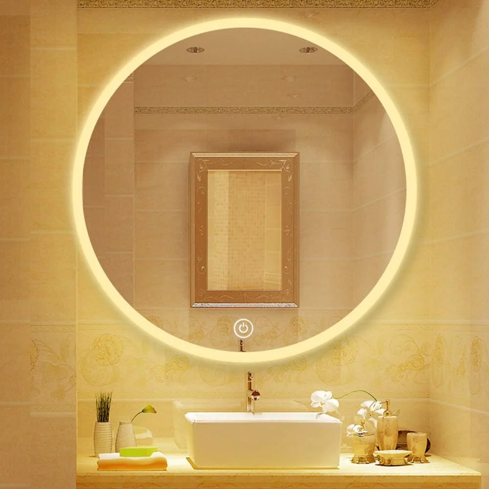 آینه گرد دیواری LED دار برای حمام، آینه آرایشی، ضد بخار هوشمند/دکمه لمسی، نور گرم - 785 میلی متر
