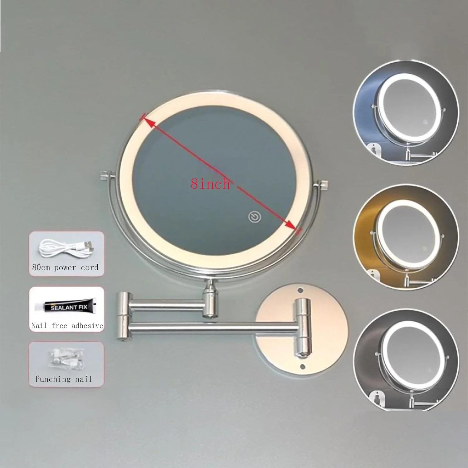 آینه آرایشی دیواری 8 اینچی با نور پس زمینه، آینه بزرگنمایی شارژی 1x/3x، با نورپردازی 3 رنگ / نورپردازی قابل تنظیم صفحه لمسی، آینه دو طرفه چرخان و کششی 360 درجه