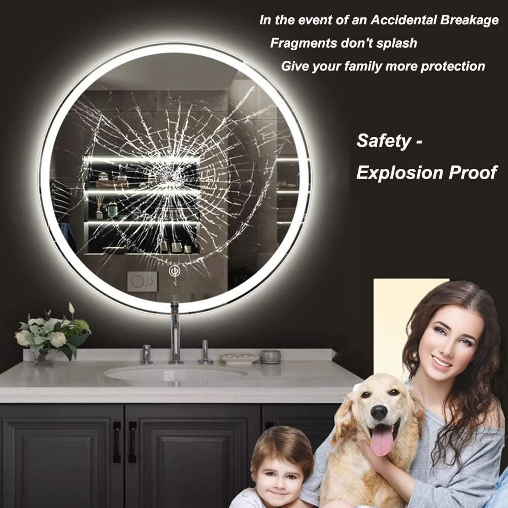 آینه گرد دیواری LED دار برای حمام، آینه آرایشی، ضد بخار هوشمند/دکمه لمسی، نور گرم - 785 میلی متر