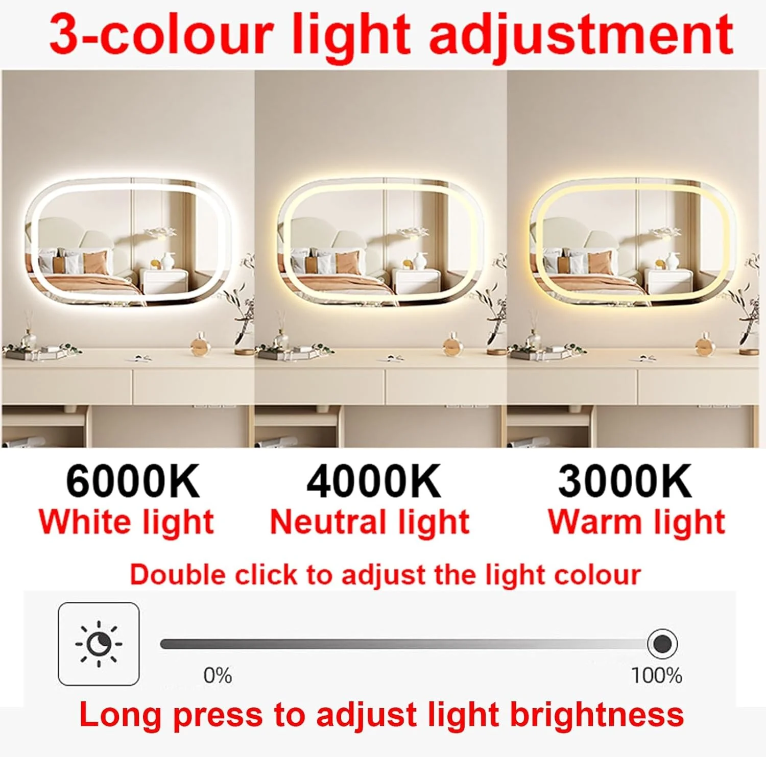 آینه بزرگ LED نورانی، آینه حمام بدون قاب، آینه دیواری، آینه آرایش چند منظوره، سه رنگ با قابلیت تنظیم نور بی نهایت، IP44، حسگر لمسی، نصب عمودی/افقی